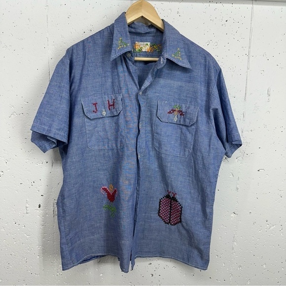 Hand Sewn Large One of A Kind Monogramed JH Embroidered Blue Chambray Shirt - Picture 1 of 13